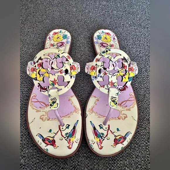 Tory Burch Designer Miller Pink Porcelin and Cream Sandals Floral Print 9.5