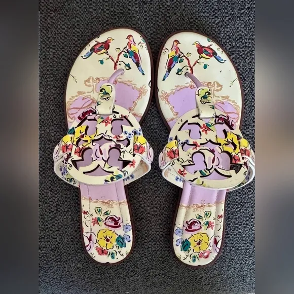 Tory Burch Designer Miller Pink Porcelin and Cream Sandals Floral Print 9.5