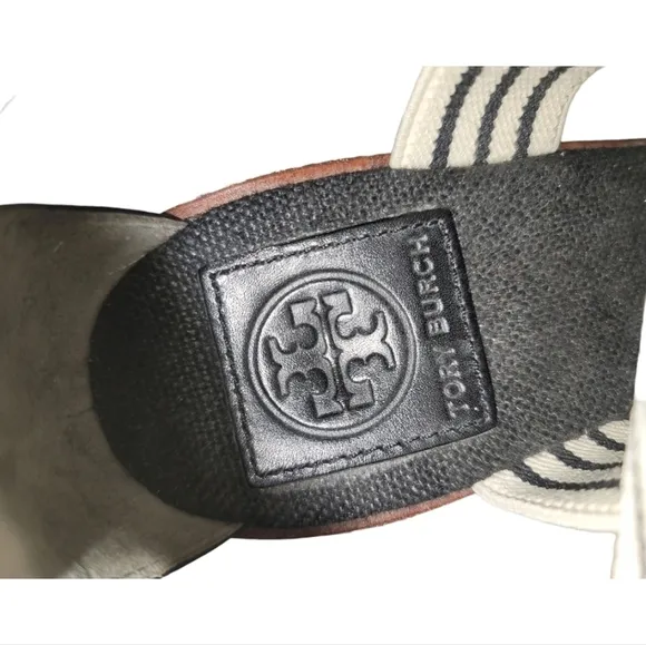 Tory Burch Frieda Espadrille Platform Wedge Sandals Cream/Navy Stripes 8 Slip-on