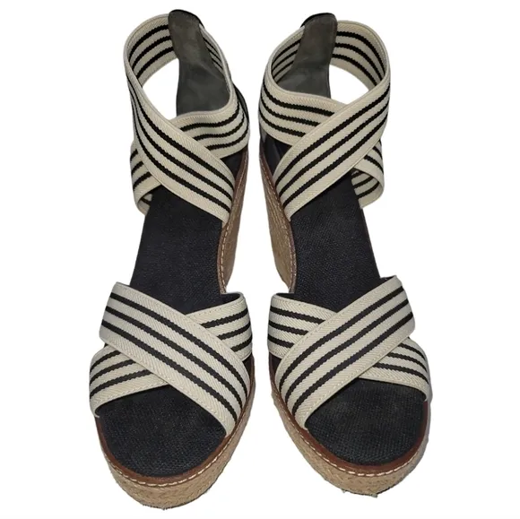 Tory Burch Frieda Espadrille Platform Wedge Sandals Cream/Navy Stripes 8 Slip-on