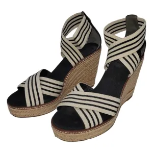 Tory Burch Frieda Espadrille Platform Wedge Sandals Cream/Navy Stripes 8 Slip-on