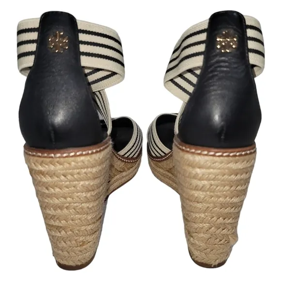 Tory Burch Frieda Espadrille Platform Wedge Sandals Cream/Navy Stripes 8 Slip-on
