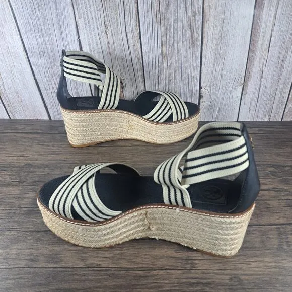Tory Burch Frieda Espadrille Platform Wedge Sandals Women's Sz 9.5 M Black