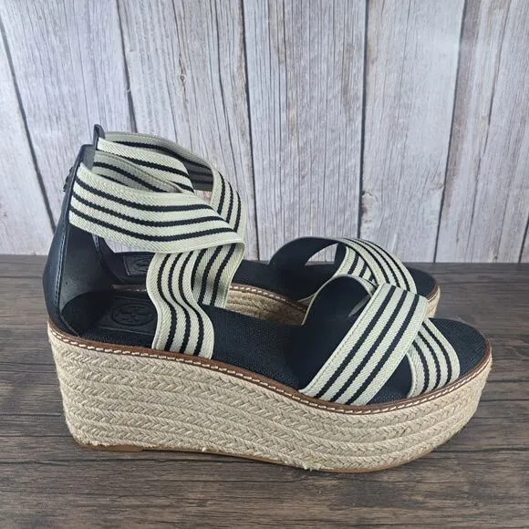 Tory Burch Frieda Espadrille Platform Wedge Sandals Women's Sz 9.5 M Black