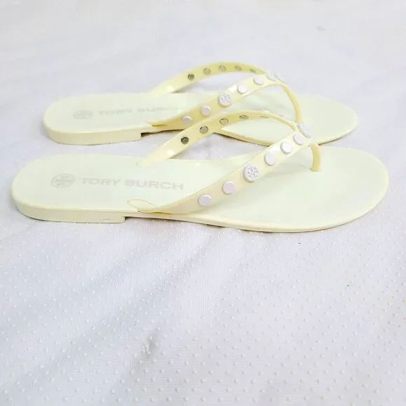 Tory Burch Jelly Sandals 9 Pale Yellow Studded Slip-On Flip Flop Flats