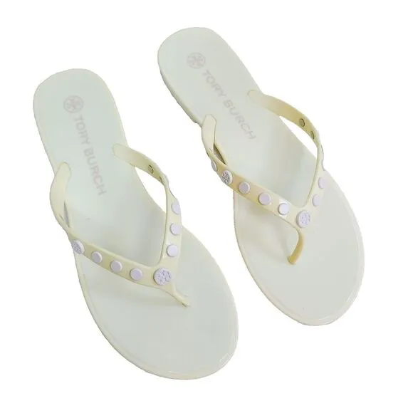 Tory Burch Jelly Sandals 9 Pale Yellow Studded Slip-On Flip Flop Flats