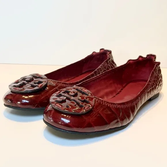 Tory Burch Reva Crocodile Embossed Burgundy Leather Flats Size 8