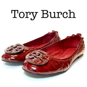Tory Burch Reva Crocodile Embossed Burgundy Leather Flats Size 8