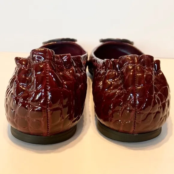 Tory Burch Reva Crocodile Embossed Burgundy Leather Flats Size 8