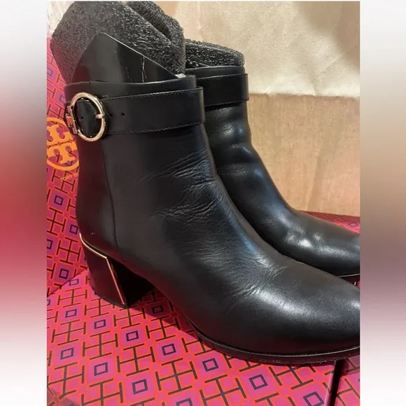 Tory Burch Sofia Dress Bootie Logo 60MM Heels Calf Leather Black 8 Heeled HI VEG