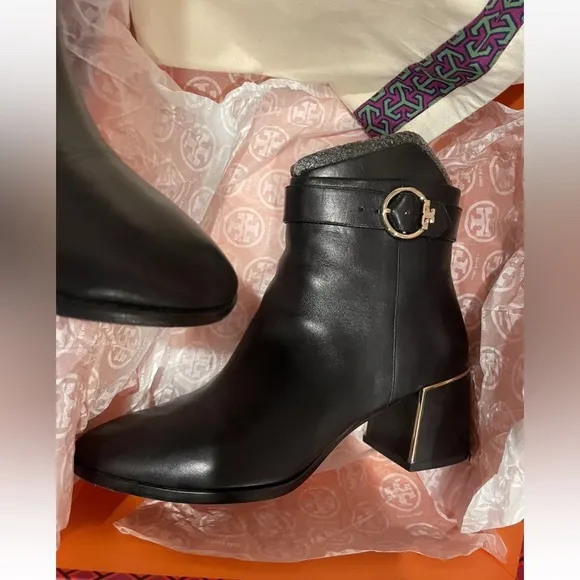 Tory Burch Sofia Dress Bootie Logo 60MM Heels Calf Leather Black 8 Heeled HI VEG