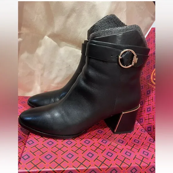 Tory Burch Sofia Dress Bootie Logo 60MM Heels Calf Leather Black 8 Heeled HI VEG