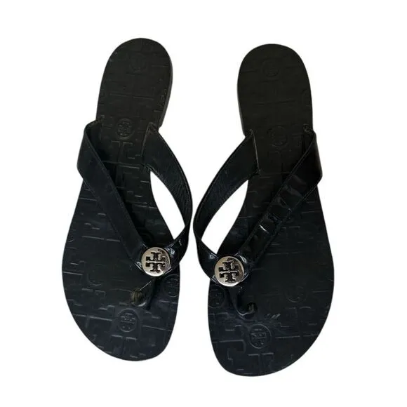 TORY BURCH Thora Logo Black Patent Leather Sandals