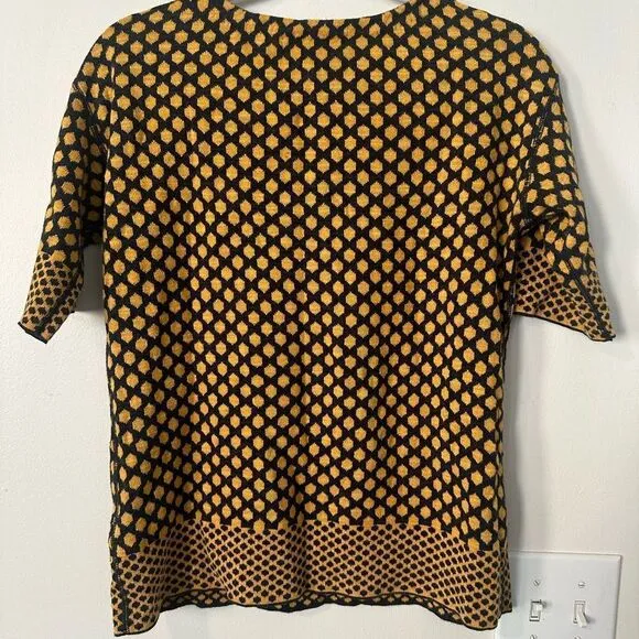 Tory Burch - Yellow &amp; Navy Printed Short Sleeve Knit Sweater S