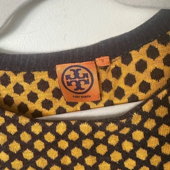 Tory Burch - Yellow &amp; Navy Printed Short Sleeve Knit Sweater S
