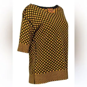 Tory Burch - Yellow &amp; Navy Printed Short Sleeve Knit Sweater S