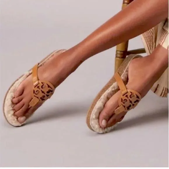Tory Burch Miller cloud shearling carmel Slip-Oncorn/buttermilk sandals Size 7