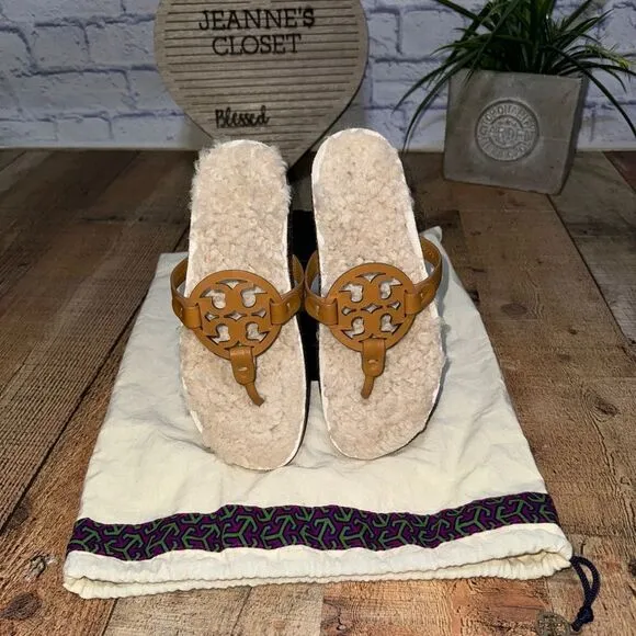 Tory Burch Miller cloud shearling carmel Slip-Oncorn/buttermilk sandals Size 7