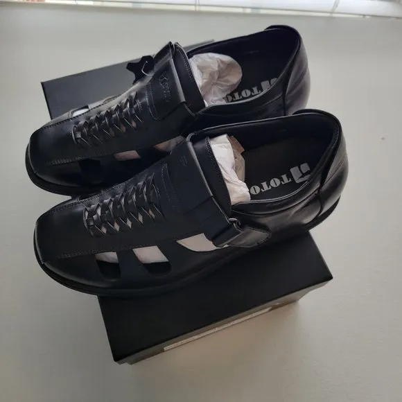 TOTO Men Invisible Height Increasing Elevator Black Leather Slip On Sandals 11