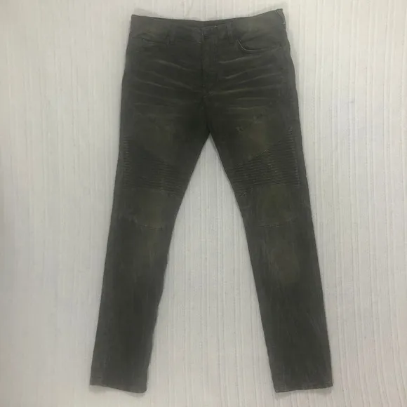 True Religion Rocco Moto Biker Jeans Olive Green Ribbed Knee Slim Fit Size 34