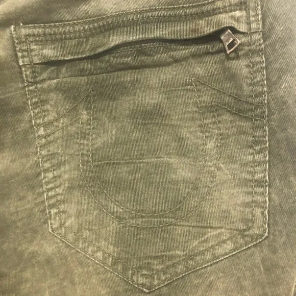 True Religion Rocco Moto Biker Jeans Olive Green Ribbed Knee Slim Fit Size 34