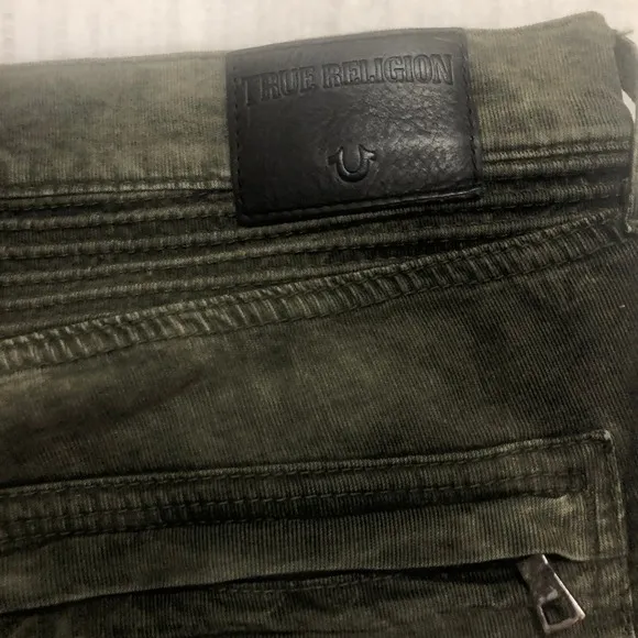 True Religion Rocco Moto Biker Jeans Olive Green Ribbed Knee Slim Fit Size 34