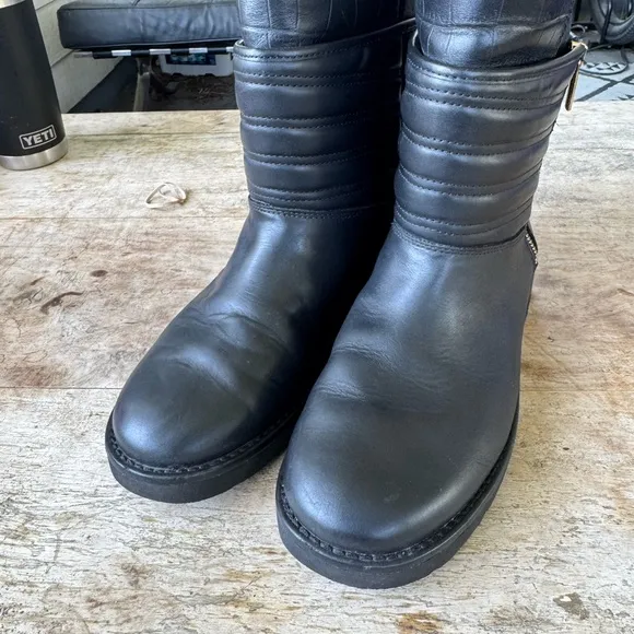 UGG AVIVA Black Leather Boots with Gold Zippers
