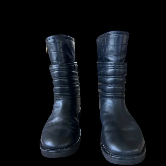 UGG AVIVA Black Leather Boots with Gold Zippers
