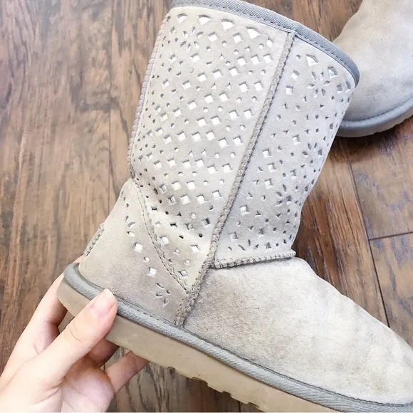 UGG • Classic Short Flora Perf Boots grey perforated shearling sheepskin sherpa