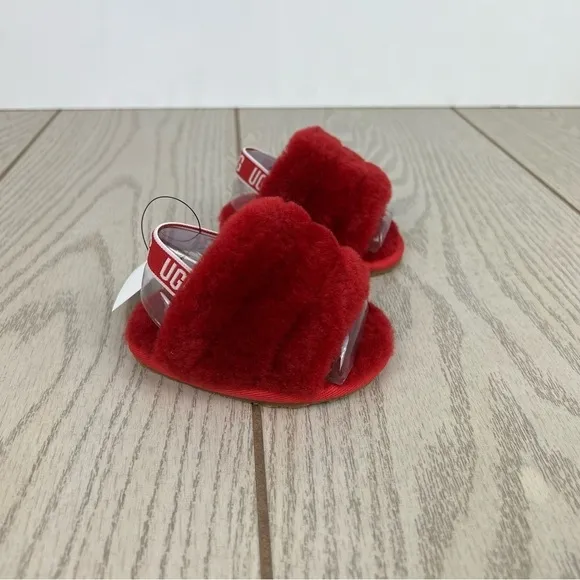 UGG Infant Fluff Yeah Furry Fuzzy Sandals 02/03 S 6-12 months Ribbon Red $55