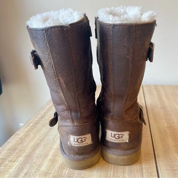 UGG Kensington Leather Boots Brown Moto Sherpa Leather Sheepskin Biker S/N 1969