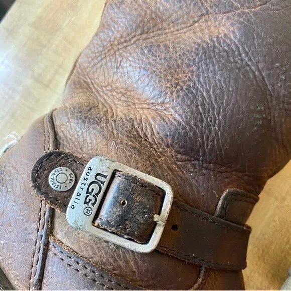 UGG Kensington Leather Boots Brown Moto Sherpa Leather Sheepskin Biker S/N 1969