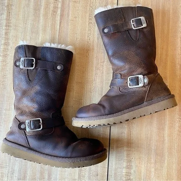 UGG Kensington Leather Boots Brown Moto Sherpa Leather Sheepskin Biker S/N 1969