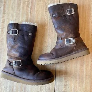 UGG Kensington Leather Boots Brown Moto Sherpa Leather Sheepskin Biker S/N 1969
