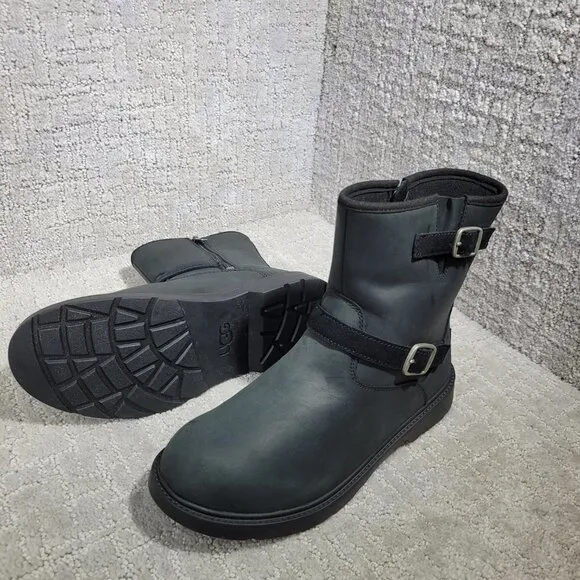 UGG Kinzey Women's Size 6 US Black Leather Side Zip Waterproof Moto Boots