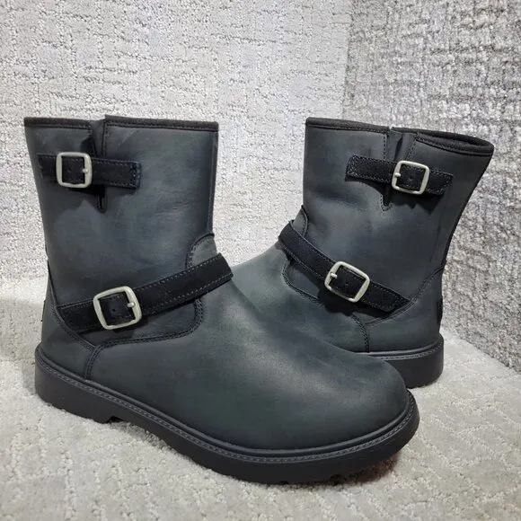 UGG Kinzey Women's Size 6 US Black Leather Side Zip Waterproof Moto Boots