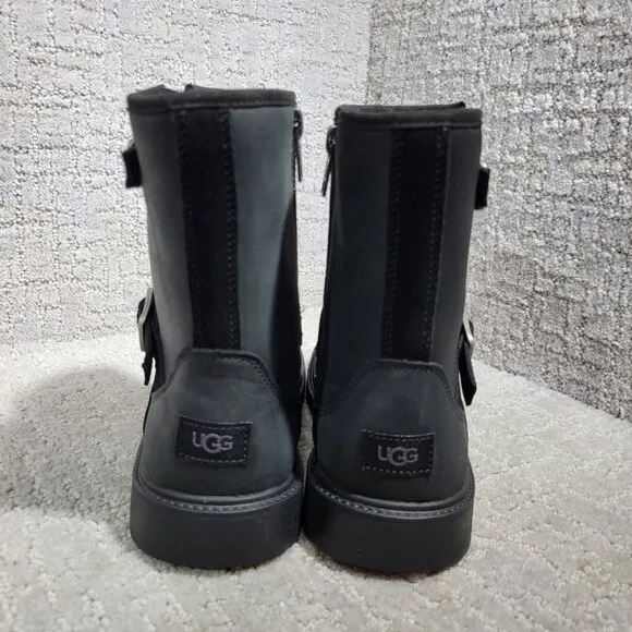 UGG Kinzey Women's Size 6 US Black Leather Side Zip Waterproof Moto Boots