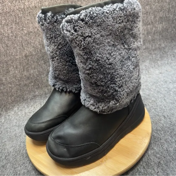 UGG Marien Tall Black Leather Wedge Waterproof Winter Snow Boots Black Size 8