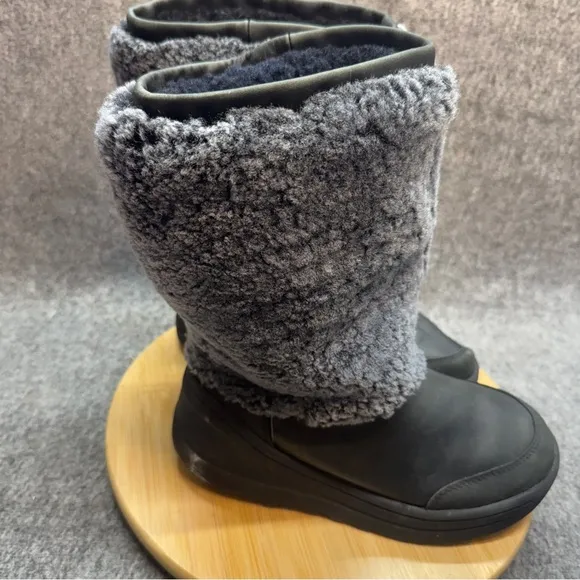 UGG Marien Tall Black Leather Wedge Waterproof Winter Snow Boots Black Size 8