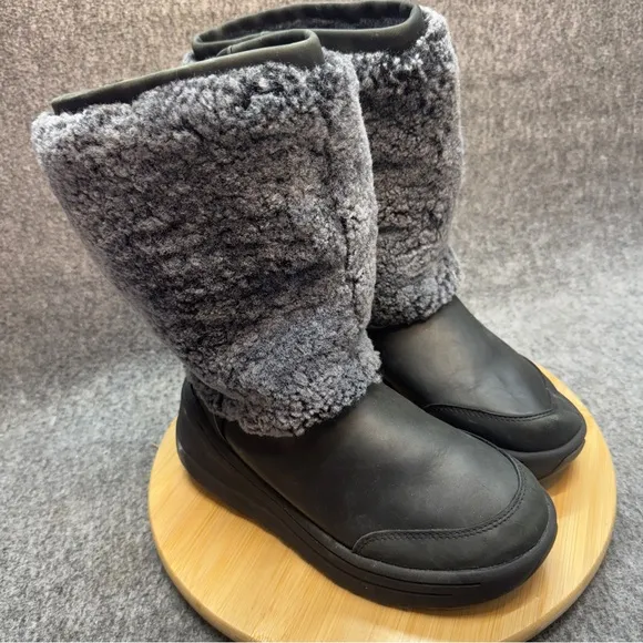 UGG Marien Tall Black Leather Wedge Waterproof Winter Snow Boots Black Size 8