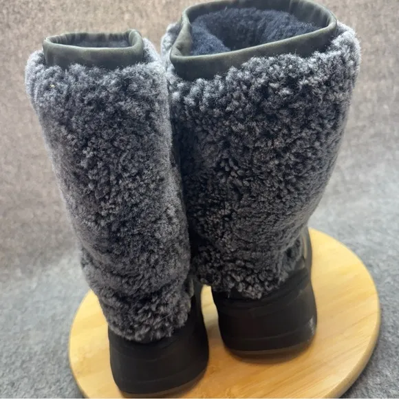 UGG Marien Tall Black Leather Wedge Waterproof Winter Snow Boots Black Size 8