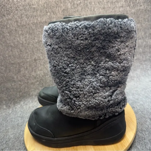 UGG Marien Tall Black Leather Wedge Waterproof Winter Snow Boots Black Size 8