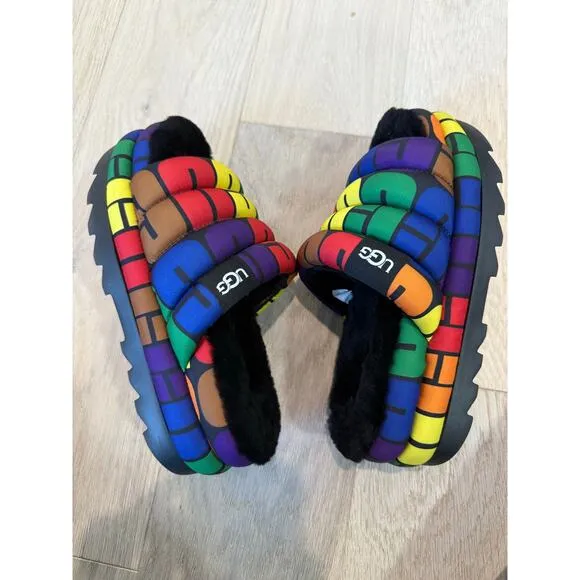 UGG PRIDE Maxi SLIDE RAINBOW LOGO SLIP ON PUFF SANDALS Women Size US 7