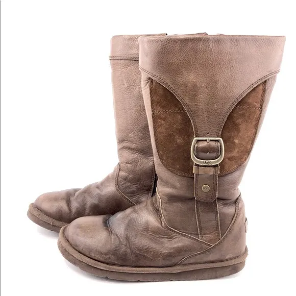 UGG Retro Cargo III Pocket Chestnut Brown Leather/Suede Sherpa Tall Boots, Sz 5