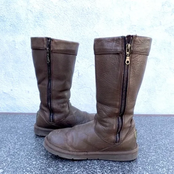 UGG Retro Cargo III Pocket Chestnut Brown Leather/Suede Sherpa Tall Boots, Sz 5