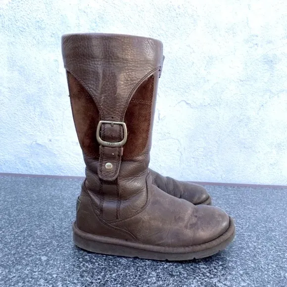 UGG Retro Cargo III Pocket Chestnut Brown Leather/Suede Sherpa Tall Boots, Sz 5