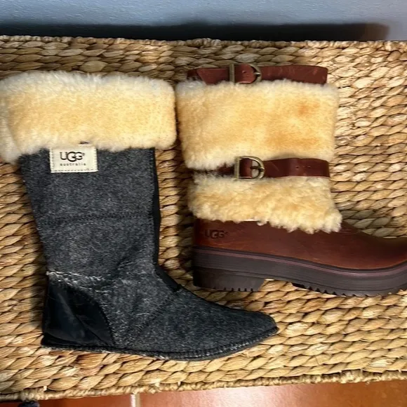 UGG SHEARLING WATERPROOF LEATHER LILYA TALL BUCKLE BOOTS SIZE 7 EUC