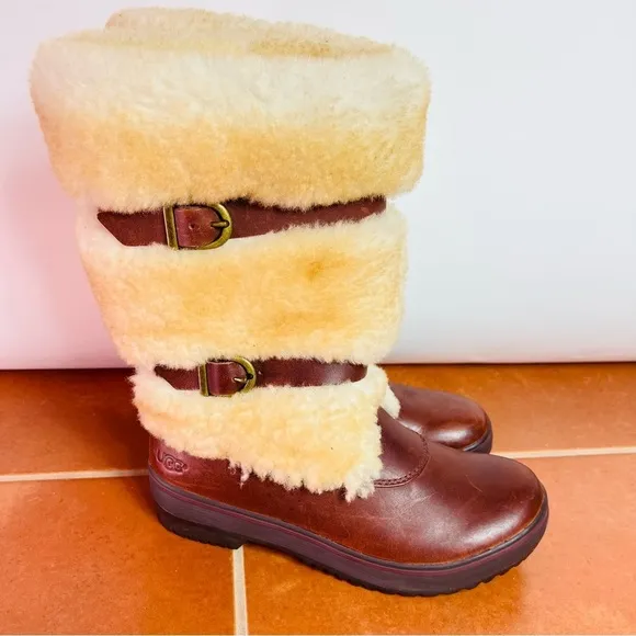 UGG SHEARLING WATERPROOF LEATHER LILYA TALL BUCKLE BOOTS SIZE 7 EUC