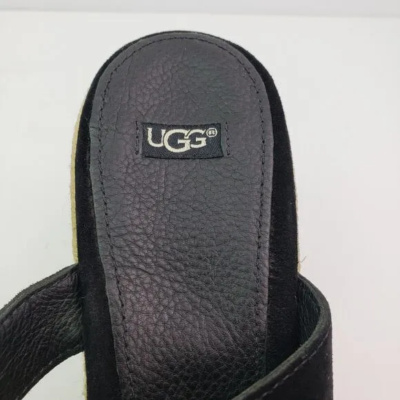 UGG Tawnie Womens Size 10 Black Leather Slip On 4.5&quot; Wedge Platform Sandals