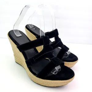 UGG Tawnie Womens Size 10 Black Leather Slip On 4.5&quot; Wedge Platform Sandals